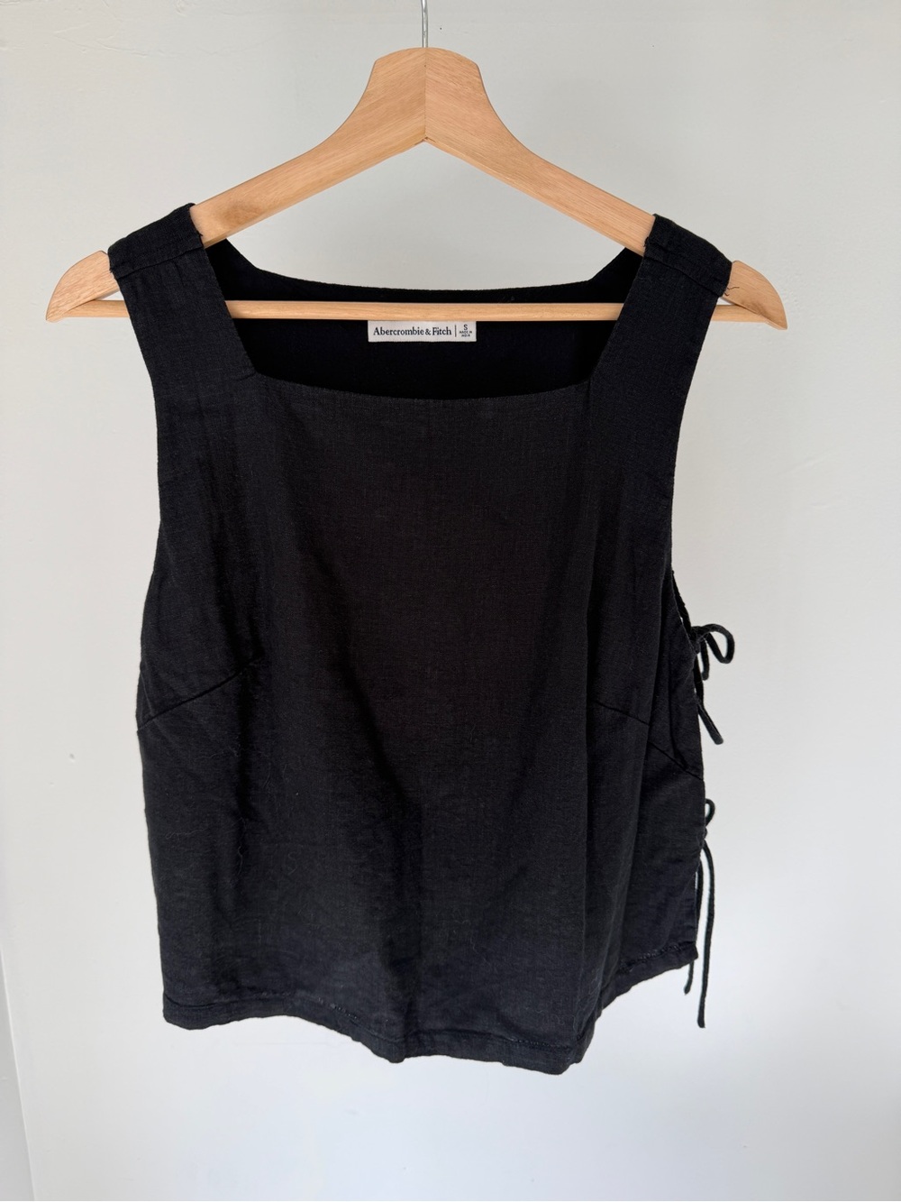 Abercrombie & Fitch Black Square-Neck Linen-Blend Tank with Side Lace-Up Small